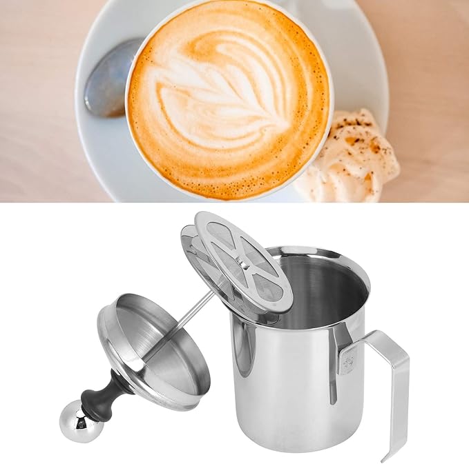 Manual Milk Frother, 14oz/400ml Stainless Steel Milk Foam Maker with Double Mesh Screen Handheld Frothing Pitcher Foamer for Coffee, Latte, Cappuccino, Frappe, Matcha, Hot Chocolate