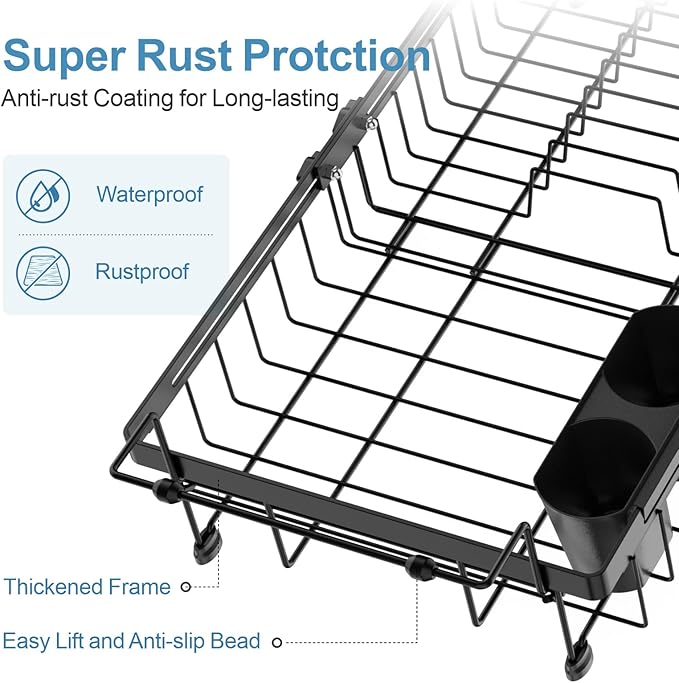 iSPECLE Expandable Dish Drying Rack with Silicone Mat for Large Kitchen Sink or On Counter, Rust Resistant Adjustable Over the Sink Dish Drainer with Tightening Knob, 12.8" W x 15.8"-20.7" L, Black