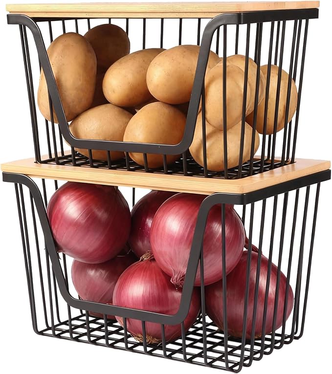2 Pack Onion and Potato Storage Bins, Stackable Pantry Organizers Storage, Large Wire Storage Basket for Onion, Potato, Fruit, Vegetables