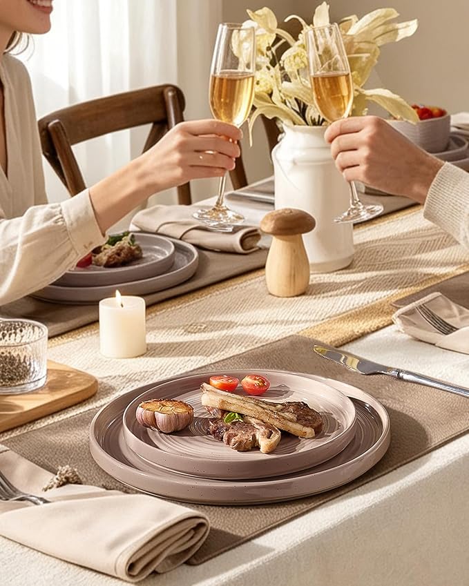 Stoneware Dinnerware Sets for 4, 12-Piece High Edge Plates and Bowls with Speckled Glaze & Spiral Design - Chip & Scratch Resistant, Microwave & Dishwasher Safe - Farmhouse, Brown