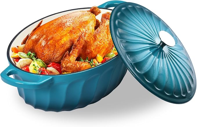 Enameled Dutch Oven Pot with Lid, 7 QT Cast Iron Dutch Oven with Dual Handles, Oval Dutch Oven for Cooking, Bread Baking, Frying, Non-stick Enamel Coated Oven (Blue-Green)