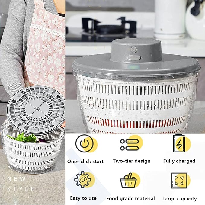 Electric Salad Spinner, 4L Wireless USB Salad Spinner Dehydrator for Fruit Vegetables, Large Capacity Salad Vegetable Dryer, Quick Drainage Electric Mixer White