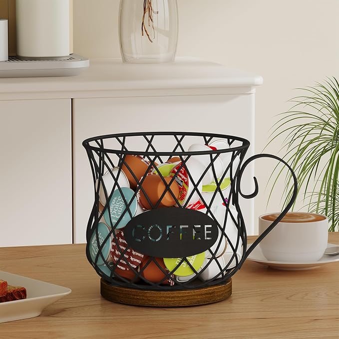 YINMIT K Cup Holder Organizer, Rustic Coffee Pod Holder Organizer, 35 Kcup Holder for Counter with Handle，Large Capacity Black Wire Coffee Capsule Basket for Kitchen Office Desktop (Circular Grid)
