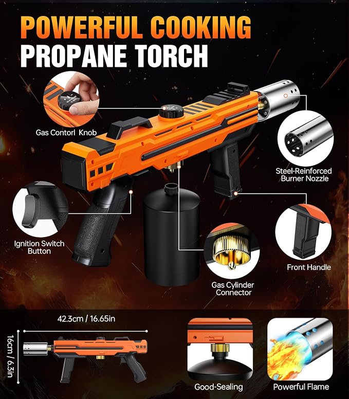 Powerful Propane Torch Gun, Kitchen cooking Torch lighter with Adjustable Flame, Flame Thrower Gun Butane Torch for Searing Steak, BBQ, Campfire, Fireplace (Tank Not Included) (Orange)