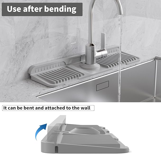 WAFT YEARN 17X5 Inch Silicone Durable Faucet Mat Kitchen Sink Splash Guard Draining Protector Tray Liner Absorbent Protective Counter Accessories For Sink Kitchen Bathroom Laundry Room Bar & RV Grey