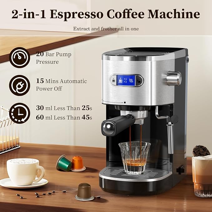 Xbeauty Espresso Machine 20 Bar, Semi-Automatic Professional Coffee Machine for Cappuccino & Latte with Milk Frother Steam Wand,LCD Display,45 oz Removable Water Tank,NTC Digital Temp Control,Black