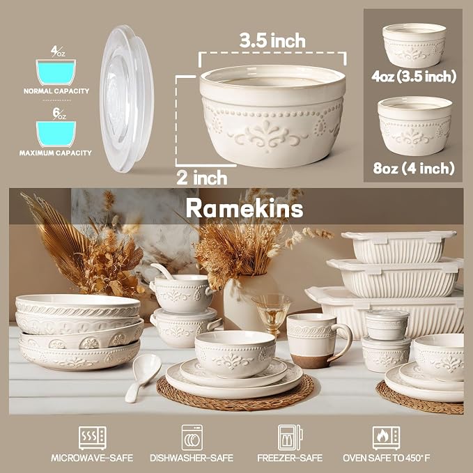 Artena Ramekins with Lids, Creme Brulee Ramekins Oven Safe, Ceramic Pudding Cups, Souffle Cups, Custard Cups, Dipping Sauce Cups, Food Storage Containers with Lids, Set of 4 (4 oz, Damask Floral)