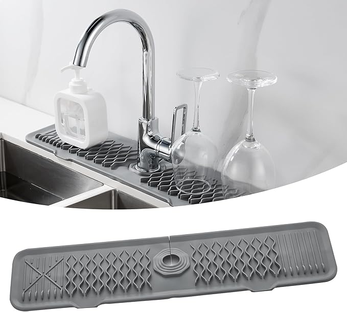 24 inch Silicone Splash Guard Kitchen Sink Gray Mat Dish Drying Mats Non-Slip Sponge Holder Bathroom Countertop Protect Kitchen Sink Splatter Screen Faucet Air Drying Mat Drip Catcher Tray