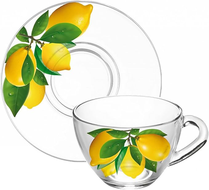 STP GOODS Glass Tea Cup and Saucer Set of 2 Glass Teacups 6.8 fl oz (200 ml) Cups with Matching Saucers for Two, Tea Coffee Set for 2, Coffee Cups, Dishwasher and Microwave safe (Lemons)