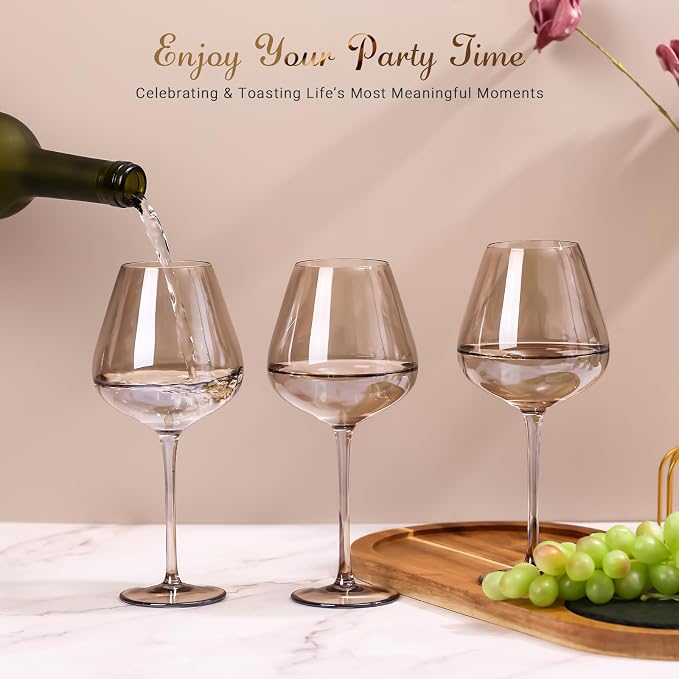 Physkoa Mocha Mousse Color Wine Glasses Set 6-18oz Long Stem Smokey Gray Wine Glasses-Hand Blown Mocha Stemware for Home Decro Pary