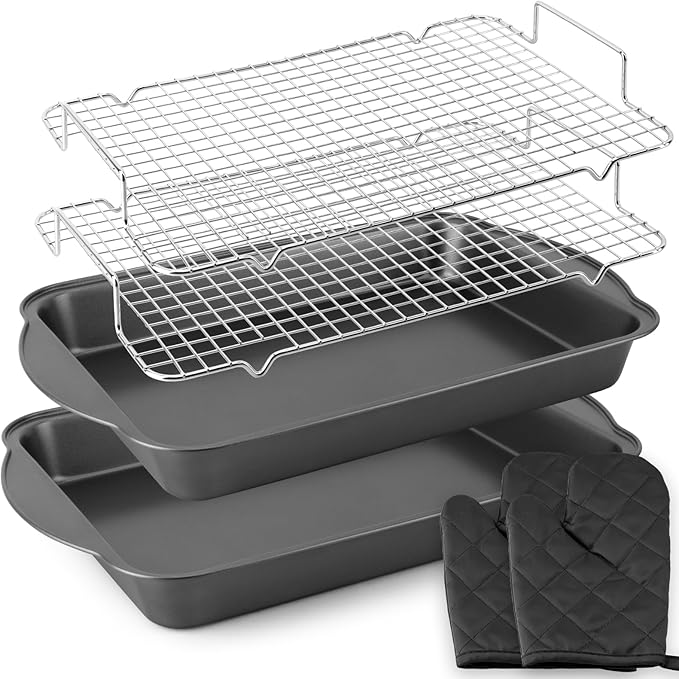 6PCS Deep Baking Pan Set - 17.5 x 9.4 Inch Baking Pans with Cooling Racks & Oven Mitts, Heavy Duty Roasting Pan with Wide Handles, Nonstick Oven Pan for Brownies, Biscuits, and Cake, Black