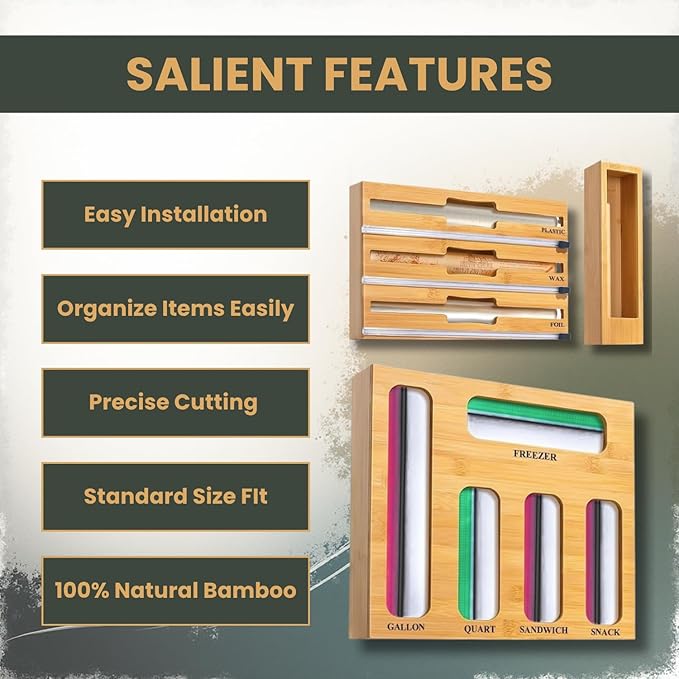 Ziplock Bag Organizer Bamboo Set with Aluminum Foil Organizer, All in One Baggie Organizer for Drawer, Zip Lock Bag Organizer for Kitchen Storage and Countertop Wrap Rolls