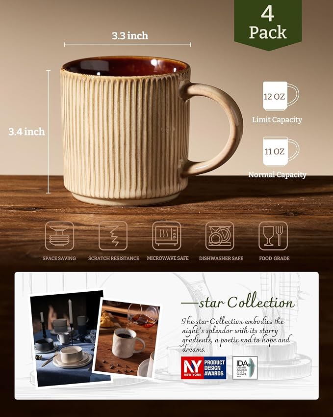 famiware Coffee Mug Set for 4, Star 12 oz Catering Mugs Cup Set with Handle for Coffee, Tea, Cocoa, Milk - Ceramic Stoneware Drinkware Set, Cream Cocoa