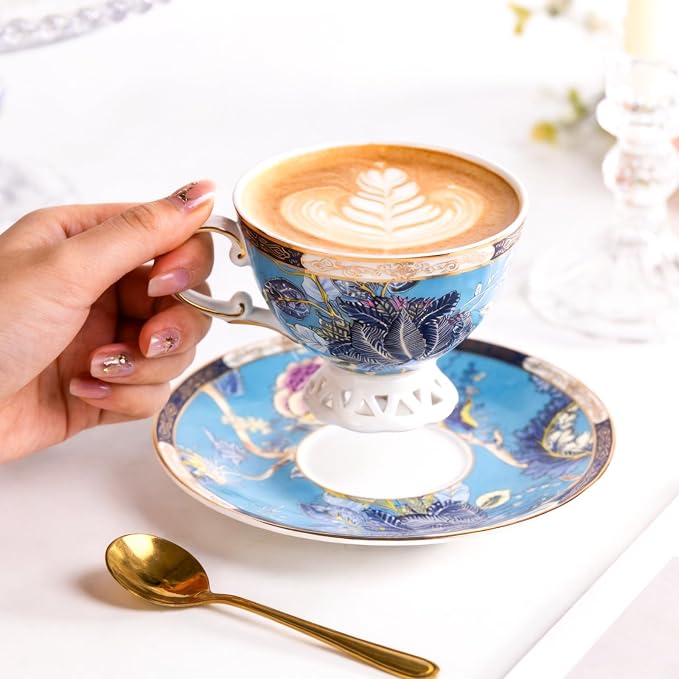 KAMMAK Tea Cups and Saucers Set of 2, Fine Bone China Coffee Cups, Stackable Espresso Mugs, Ceramic Demitasse for Coffee, Cappuccino, Latte, Americano, Tea, Jade