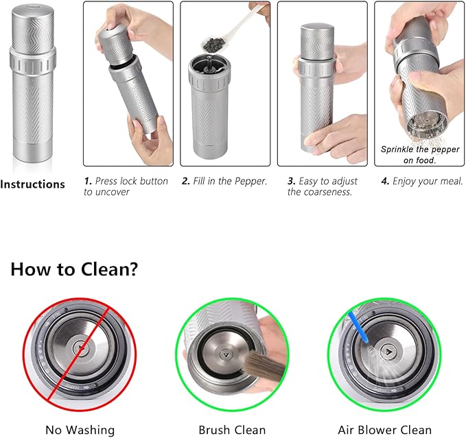 ARKNOAH Manual Pepper Mill Grinder - 12-Level Adjustable Coarseness, High-Output Spice Grinder with Aluminum Body & Stainless Steel Core, 70g Peppercorn Capacity