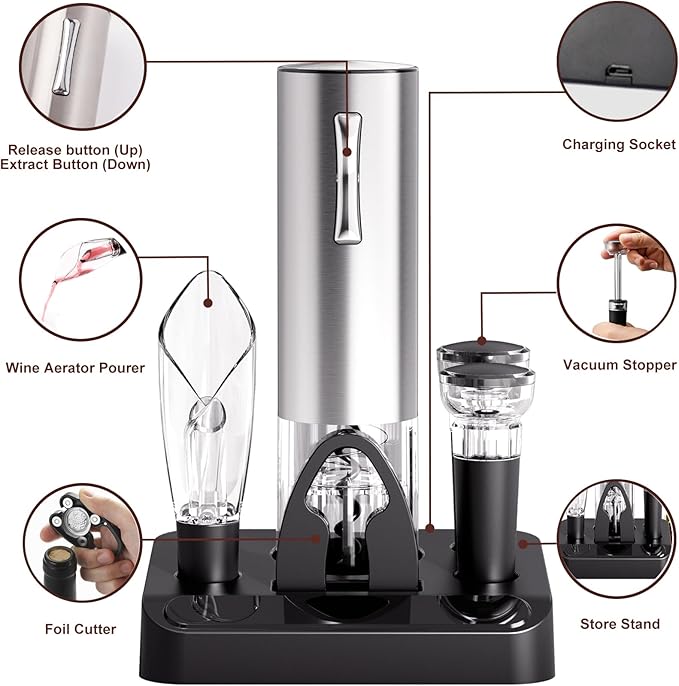 COKUNST Electric Wine Opener Set, 4-in-1 One-click Button Bottle Openers with Wine Pourer, Vacuum Stoppers, Foil Cutter for Wine Lovers Home Kitchen Party Wedding Bar - USB Rechargeable (Silver)