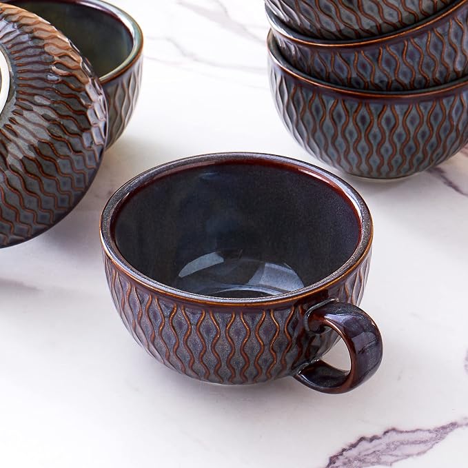 Coffeezone Set of 6 Cups Vintage Design 12 oz Professional Barista Ceramic Latte Art Cappuccino Cups Set (Embossed Grey * 6)