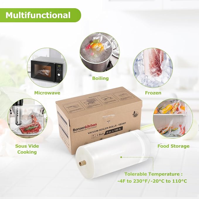 Bonsenkitchen 8” x 150’ Vacuum Sealer Bags Rolls with Cutter for Food Storage, Commercial Grade, BPA Free, Great for Meal Prep and Sous Vide Cooking