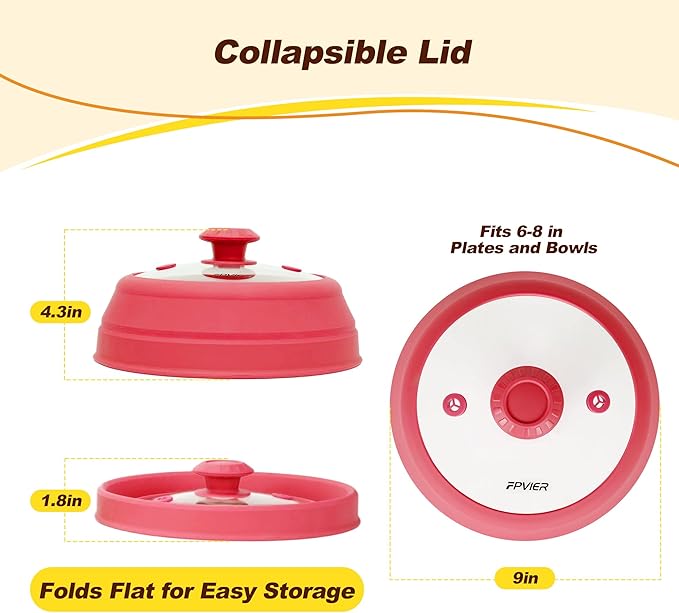 Microwave Splatter cover, Glass Microwave Cover for Food, Guard Lid with Collapsible Silicone for 6-8 inch Plates & Bowls, Dishwasher Safe, Heat Resistant, BPA-Free, 9 inch Red