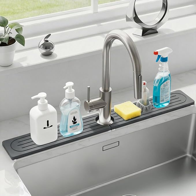 Stone Faucet Mat for Kitchen Sink with Raised Feet, Durable Diatomite Fast-Drying Stone Tray, Non-Slip Decorative Sink Protector for Kitchen Bathroom Counter, Easy Clean, Pure black, 30" x 4"