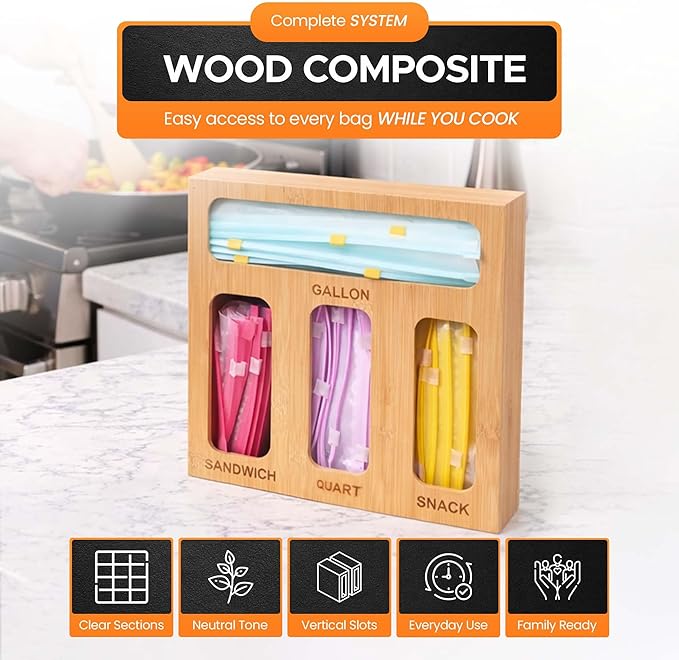 Earth’s Dreams Bamboo Kitchen Drawer Organizer – Resealable Food Storage Bag Holder for Gallon, Quart, Sandwich & Snack Sizes – Eco-Friendly Baggie Organizer for Plastic Storage Bags