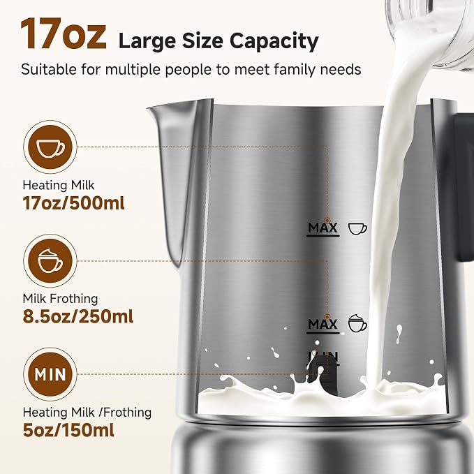 AMZCHEF Milk Frother and Steamer, Electric Automatic Hot and Cold Foam Maker with 600W, 17oz Stainless Steel Pitcher & LED Display, 8-in-1 Milk Frother for Latte, Cappuccino, Macchiato, Hot Chocolate