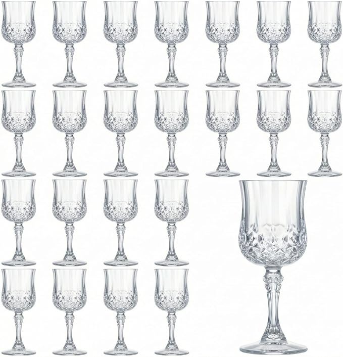 Pinkunn 24 Pcs 7 oz Plastic Vintage Wine Glasses Reusable Colored Goblets Patterned Drinking Water Glasses Cup Dishwasher Safe for Mother's Day Wedding Reception Party Supplies (Clear)
