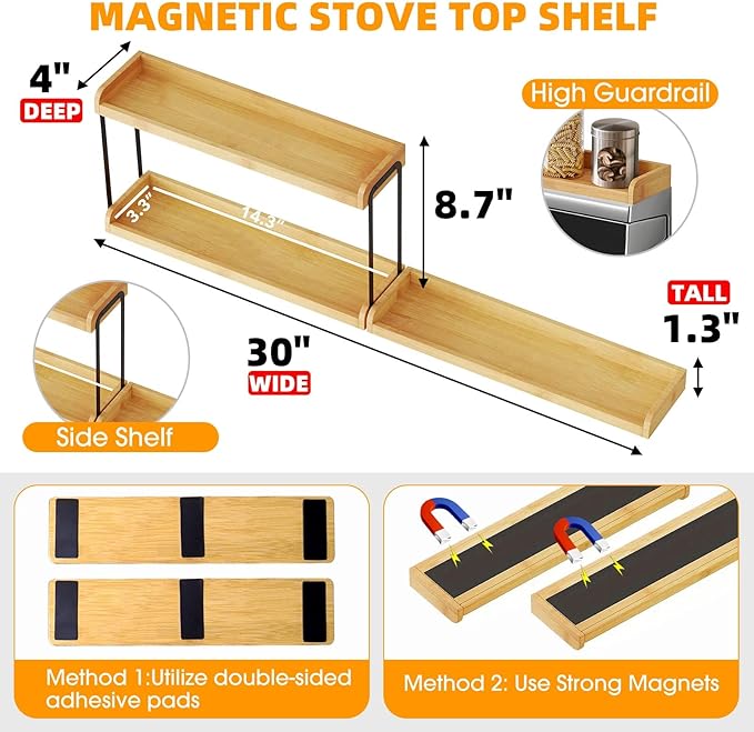30" Magnetic Over the Stove Shelf,Stove Top Shelf,Over Oven Shelf,Stove Shelf for Back of Stove, Heat-Resistant and Wooden,Space-Saving Kitchen Storage (Wood Color, 2 Layer 3 pcs)