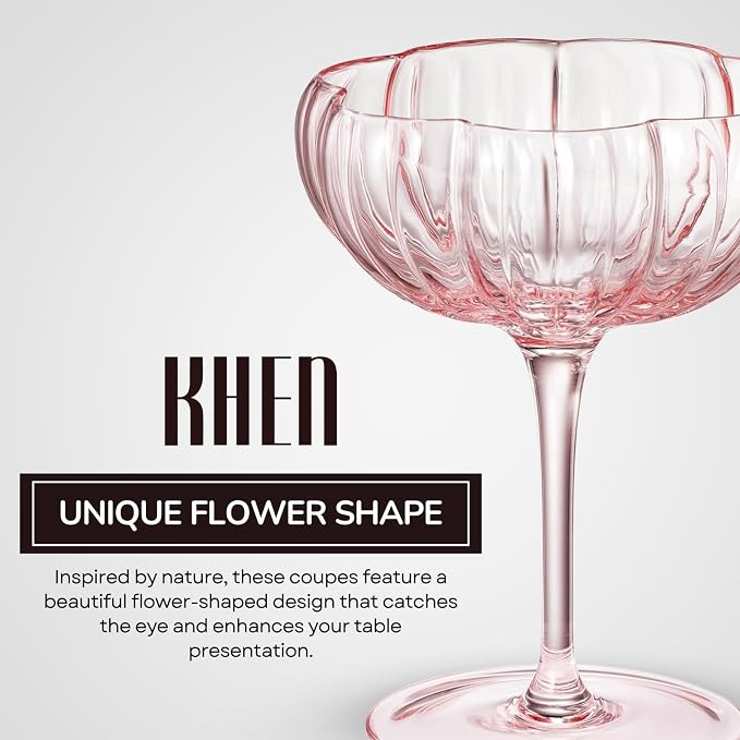 Khen Flower Modern Wavy Glass Coupes Martini, Champagne & Cocktail Coupes - Set of 2-7.7oz Colorful Cocktail Glasses & Prosecco, Mimosa Glassware Copyright Design - Blush Pink