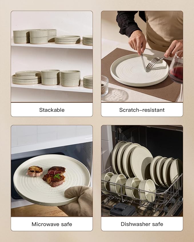 Stoneware Dinnerware Sets for 8, 24-Piece High Edge Plates and Bowls with Speckled Glaze & Spiral Design - Chip & Scratch Resistant, Microwave & Dishwasher Safe - Gift Box, Multicolor