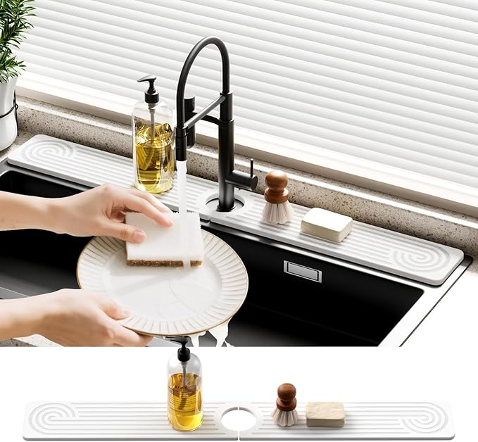 Quick Dry Sink Splash Guard - 30" Instant Dry Diatomite Faucet Mat Stone Sink Tray - Quick Drying Water Stone - for Kitchen and Bathroom Sink - White