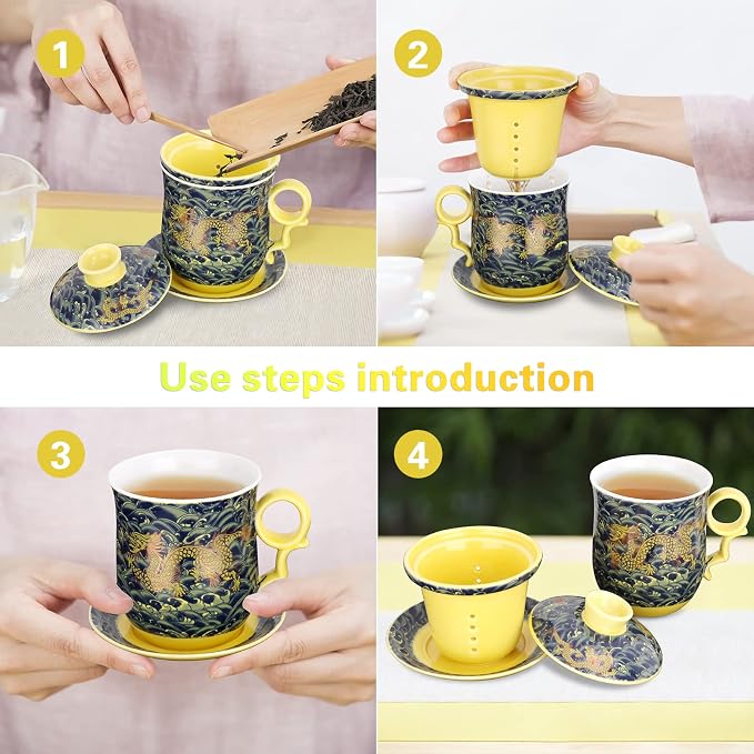 Chinese Dragon Pattern Tea-Mug with Strainer Infuser and Lid and Saucer Ceramic Tea Mug Convenient System Chinese Porcelain Personal Tea Cup 13.5oz(400ml) - DARK GREEN TC400