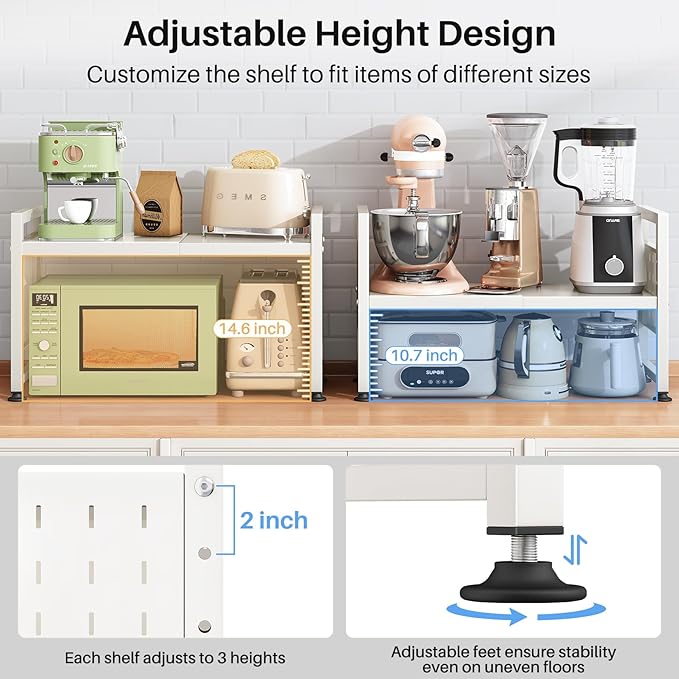 Expandable Microwave Stand, 2-Tier Adjustable Microwave Oven Rack with 10 Hooks & 2 Holders, Heavy Duty Carbon Steel Microwave Shelf for Kitchen Counter Organizer and Storage, Holds 120lbs, White