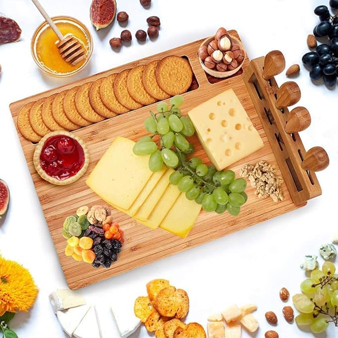 Bamboo Cheese Board and Knife Set,Cheese Platter - House Warming Gifts New Home, Anniversary & Wedding Gifts for Couple, Housewarming Gift New House (Style1)/661, 21213