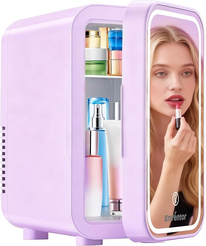 Enventor Mini Skincare Fridge Small Refrigerator for Bedroom, Beauty Fridge for Makeup with Dimmable LED Mirror, 6 L / 8 Cans Compact Portable Cooler for College Dorm, Office, Car, Purple