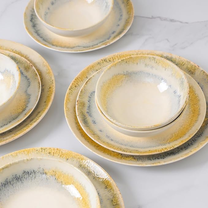 DOMICREVERY Ceramic Dinnerware Sets for 4, 12 pcs Scratch Resistant Dish Set, Lemon Sea