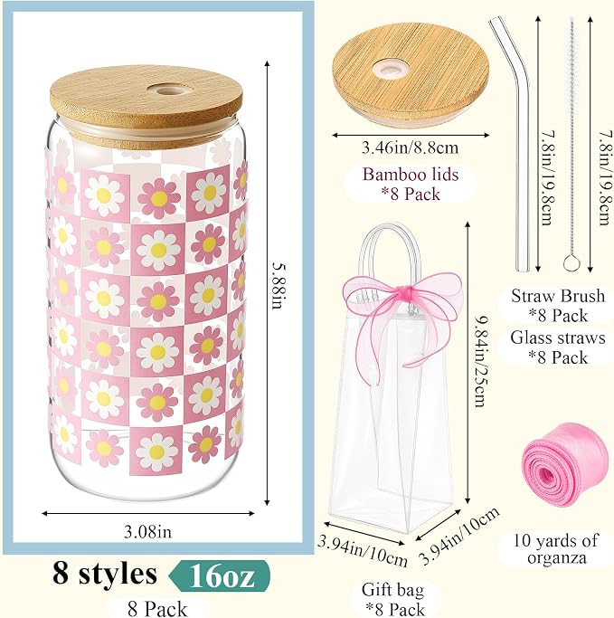 Mumufy 8 Sets Daisy Flower Glass Cups with Clear Gift Bag 16 oz Reusable Pink Yellow Iced Coffee Mugs Aesthetic Cute Tumbler with Lids and Straws, Gifts for Girls Women Bridesmaid