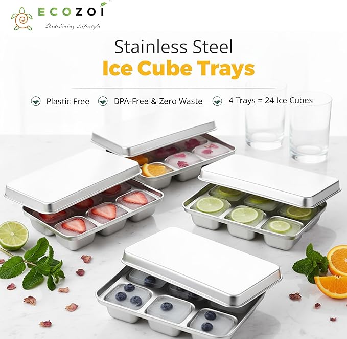 ecozoi Stainless Steel Ice Cube Trays, 4 Pack with 24 Ice Cube Slots - Easy Release, Plastic-Free, Zero Waste