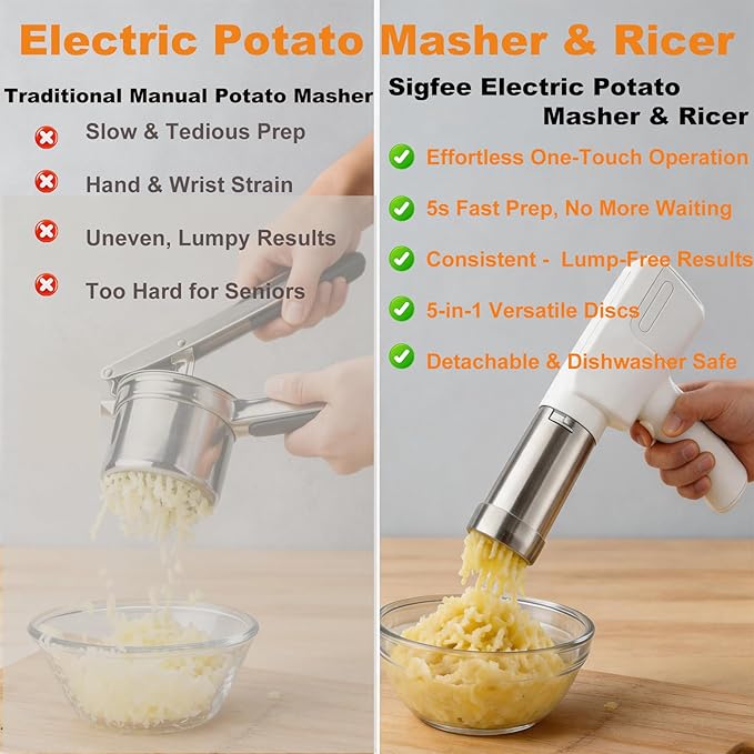 Electric Potato Masher & Ricer, 5-in-1 Handheld with 5 Discs, 5s 7oz Creamy Mash, Food Grade 304 Stainless Steel, Dishwasher Safe, Ideal for Thanksgiving & Homemade Baby Food (Adults Operated)
