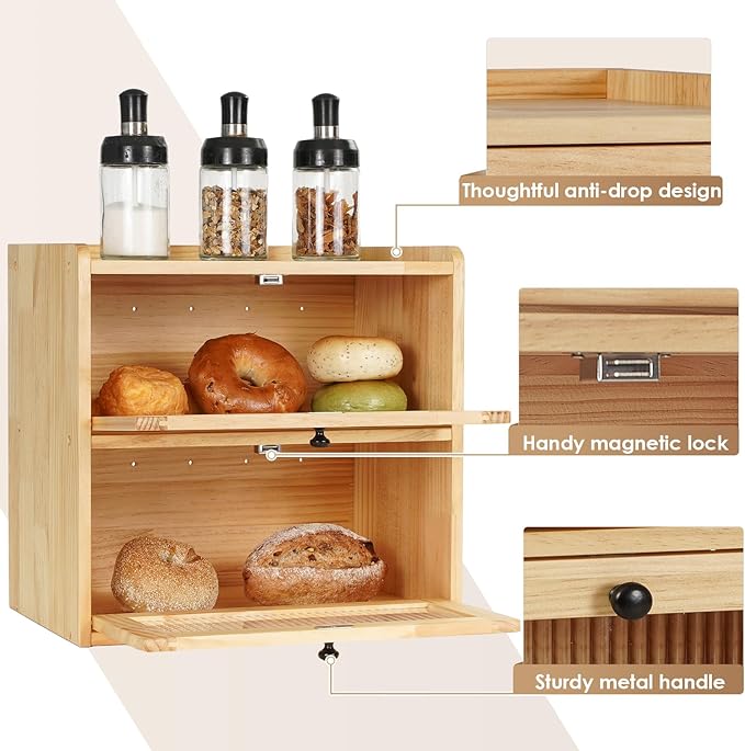 Sunhoo Bread Box for Kitchen Countertop Wooden Bread Storage Container Bin 2 Layer Breadbox Holder Large Capacity Keeper Vintage Farmhouse Food Organizer Pantry Shelf Acrylic Window（Wood color）