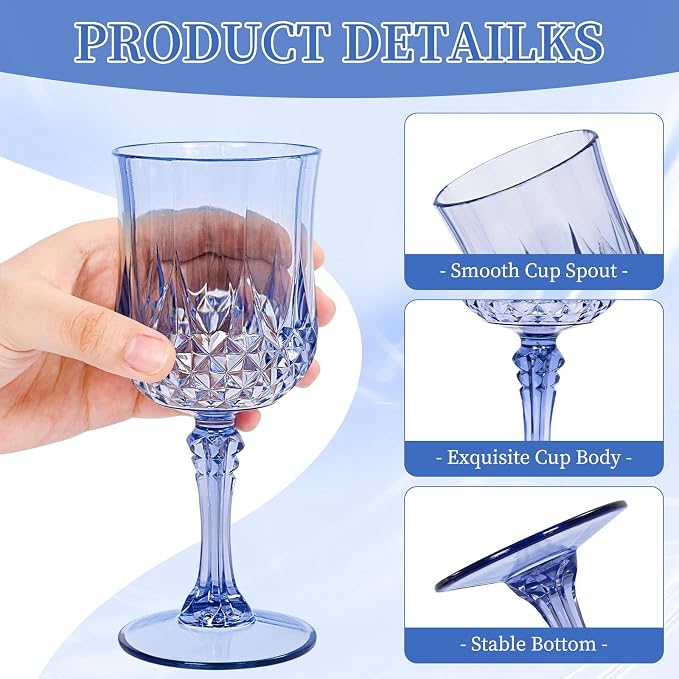24 Pack Light Blue Plastic Wine Glasses, Vintage Plastic Goblets for Parties, Drinking Glasses Unbreakable Glassware Crystal Water Goblets Reusable Drinkware for Wedding Reception Grand Event Party