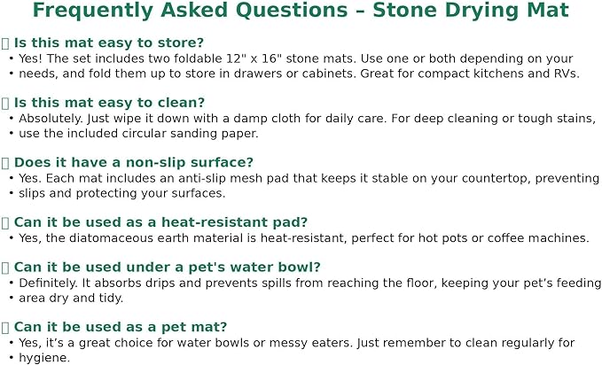 Large Foldable Stone Dish Drying Mat – Diatomaceous Earth, 12"x16" Each or 24"x16" Combined – Fast Dry, Anti-Slip Pad, Sanding Tool & Instruction Manual for Kitchen, Bathroom or RV (2-Pack)