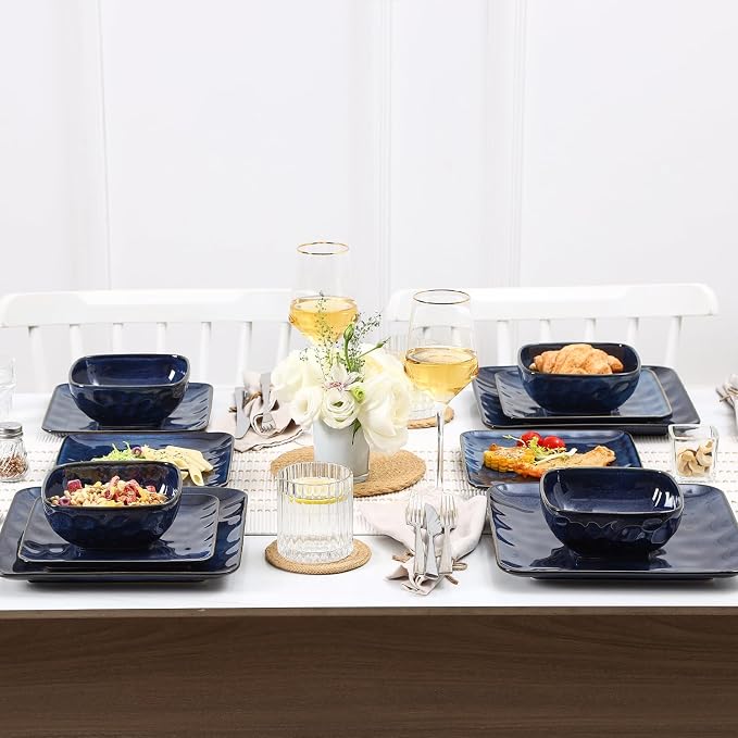 Vicrays Ceramic 24 Pieces Square Dinnerware Set - Dinner Plates Salad Plates Cereal Bowls Set Service for 8 - Scratch Resistant Microwave Oven Dishwasher Safe - Blue