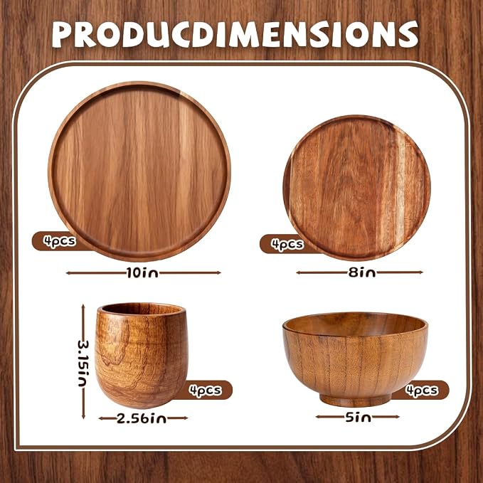 Wood Dinnerware Set,8 Inch 10 Inch Round Plates,Bowls and Cups,16 Pcs | 4 Person Wooden Dinner Ware Set,for Meals,Snacks and Desserts