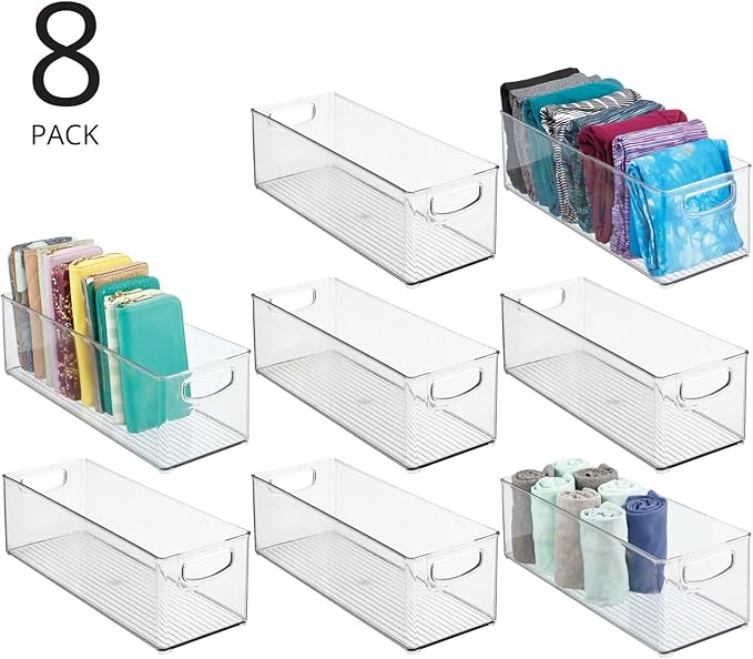 mDesign Plastic Closet Organizer with Handles - Storage Basket Bin for Closet Shelf Organization - Stackable Container for Organizing Clothes and Laundry Supplies - Ligne Collection - 8 Pack - Clear