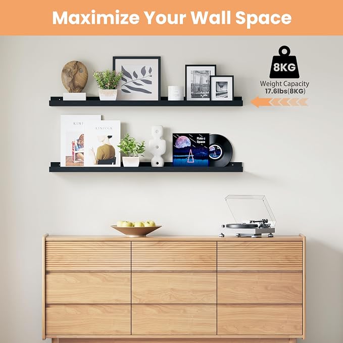 upsimples Floating Shelves for Wall, 47.3 Inch Shelves for Decor Storage Set of 6, Wall Mounted Wood Shelf for Bedroom, Living Room, Bathroom, Kitchen, Long Picture Ledge Shelves, Black
