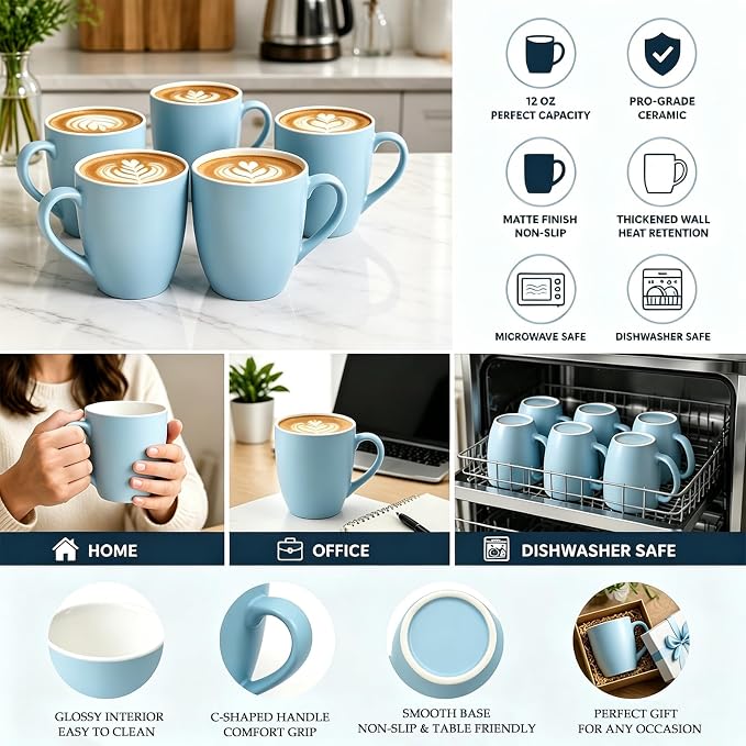 Coffee Mugs Set of 6, 12oz Ceramic Coffee Mugs with Handle, Matte Porcelain Coffee Mug for Latte, Tea, Cocoa, Cappuccino, Cups for Women Men for Home Restaurant Mug (Blue)