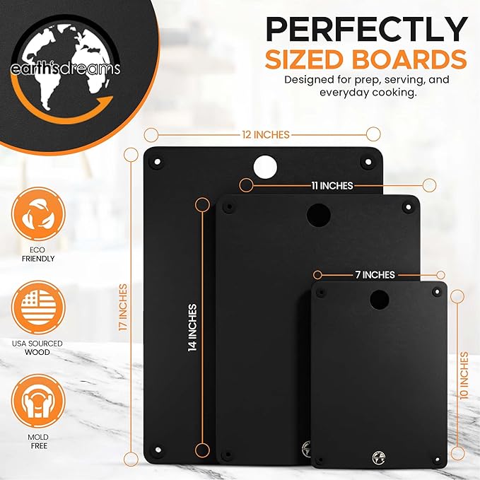 Composite Wood Cutting Board Set of 3 – Dishwasher Safe, Non-Toxic & Plastic-Free Cutting Boards for Kitchen – Extra Large, Large & Small Non-Slip Wood Charcuterie & Chopping Boards (Black)
