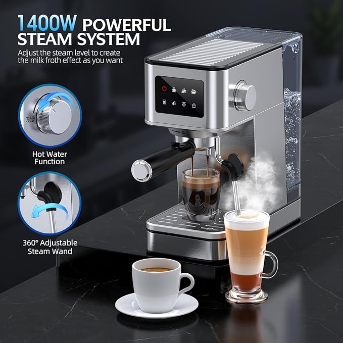 20 Bar Pump Espresso Machine with LED Touchscreen & Steam Wand | Small, Stainless Steel, 45s Quick Heat, Custom Brew Time, 57.5oz Removable Tank, Latte & Cappuccino Machine for Home, Silver