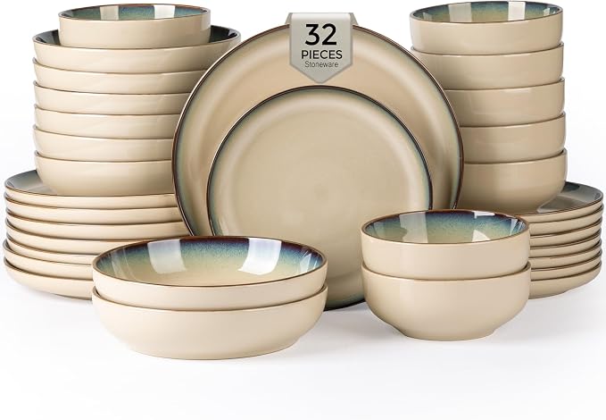 GBHOME 32 Pieces Stoneware Double Bowls Dinnerware Sets for 8, Ceramic Plates and Bowls Set with Reactive Glaze, Scratch Resistant Dishes Set, Dishwasher & Microwave Safe